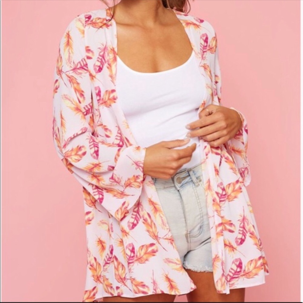 Pink Boho Feather Kimono Cardigan - Picture 2 of 8